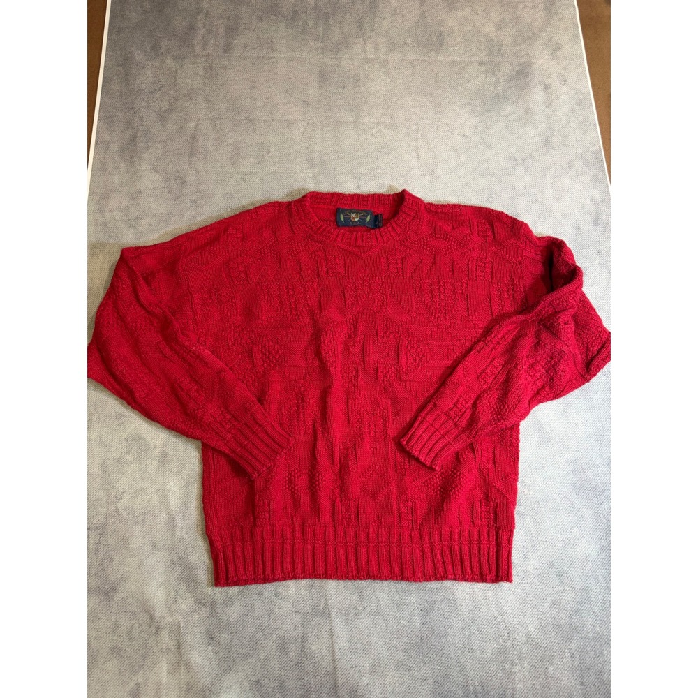 Lake Harmony USA Vintage Red Textured Knit Cotton Crewneck Sweater Mens Large